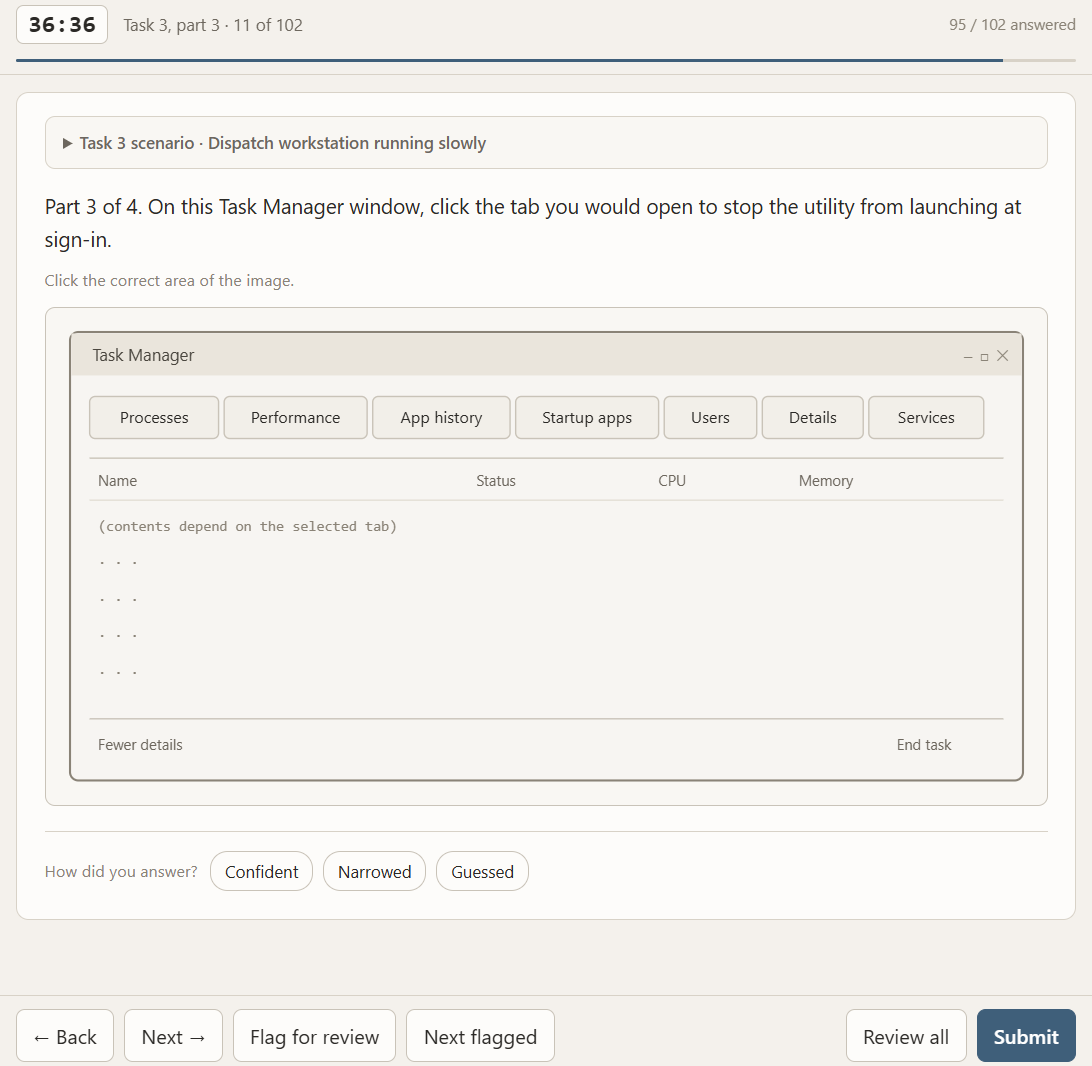 Performance-based question asking which Task Manager tab stops a utility from launching at sign-in